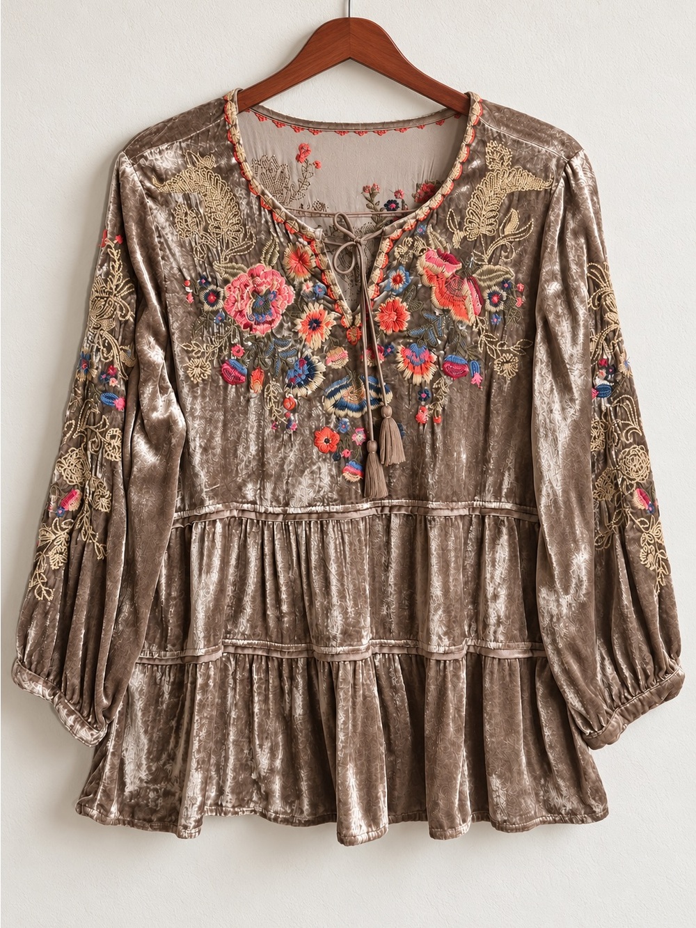 John Mark Taupe Velvet Floral Embroidered Tiered Boho Top